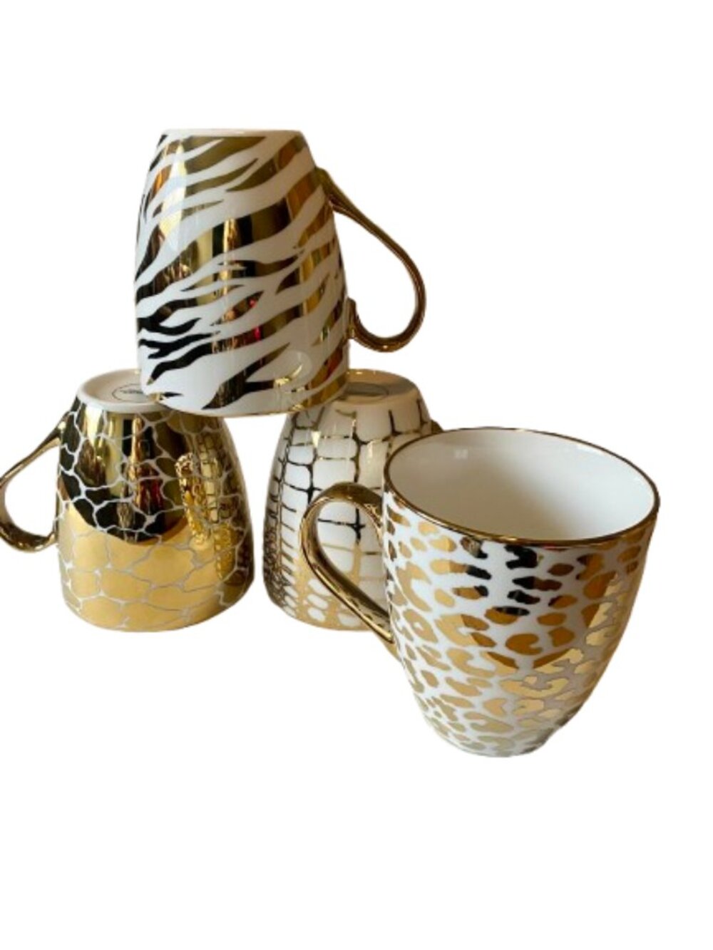 Godinger Mugs Animal Print Set of Four New With Tags Gold White